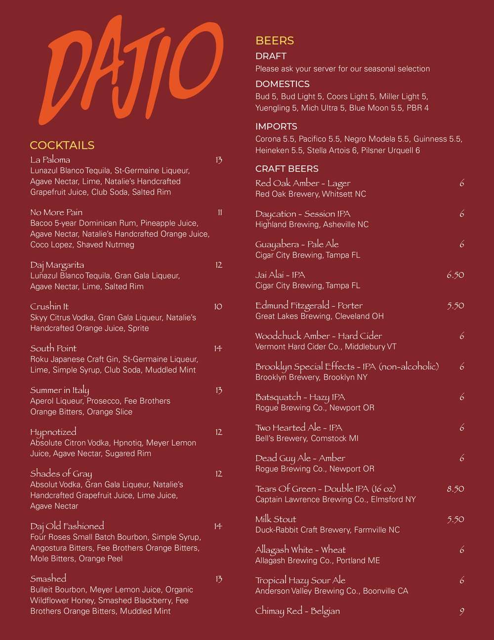 dajio cocktails and beer menu